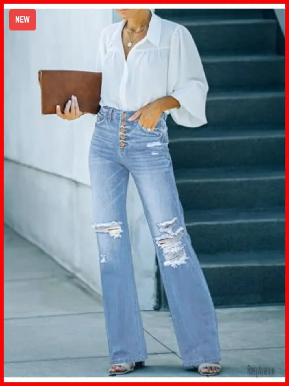 High Waist Relaxed Fit Ripped Flare Jeans Stretchy Denim Pants